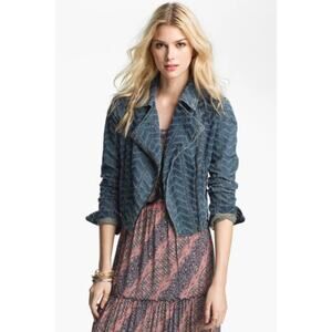 Free People Punched Denim Moto Jacket Herringbone Distressed Blue Jean Size 8